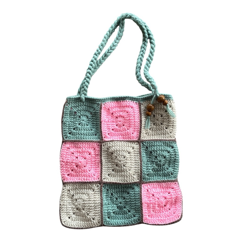 Granny Square Crochet Tote Bag Shoulder Purse Handmade Boho Shabby Chic Pastel